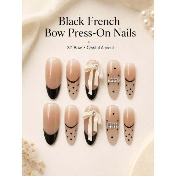 Black French Bow Press‑On Nails, Nude Polka‑Dot Elegant Almond False Nails with 3D Bow & Rhinestones
